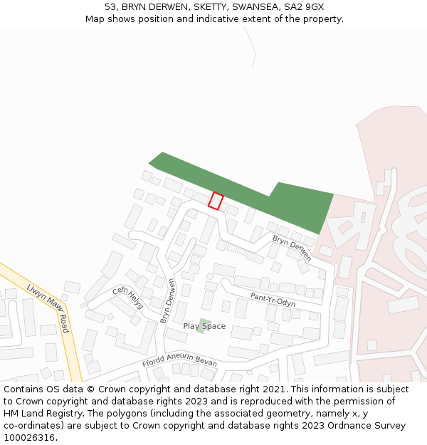 53, BRYN DERWEN, SKETTY, SWANSEA, SA2 9GX: Location map and indicative extent of plot