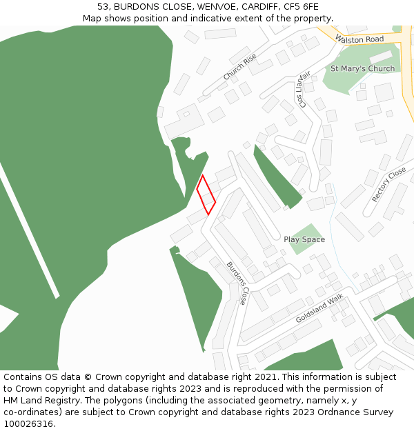 53, BURDONS CLOSE, WENVOE, CARDIFF, CF5 6FE: Location map and indicative extent of plot