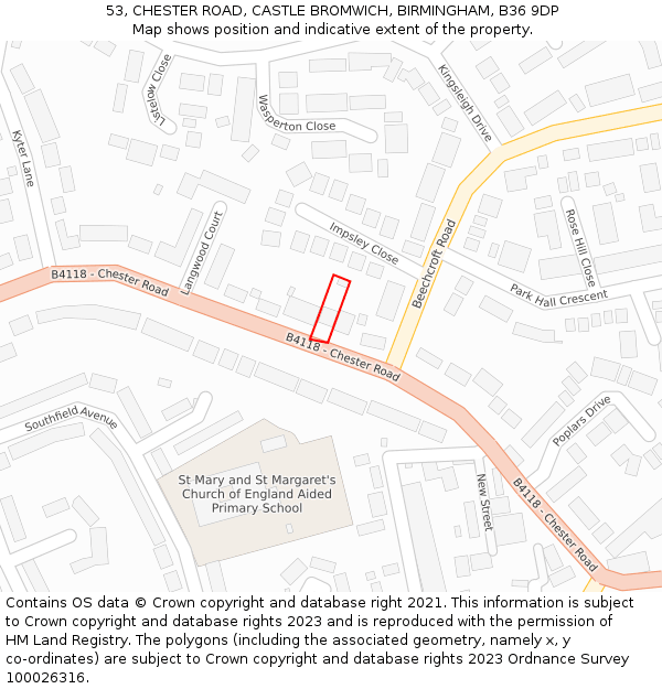 53, CHESTER ROAD, CASTLE BROMWICH, BIRMINGHAM, B36 9DP: Location map and indicative extent of plot