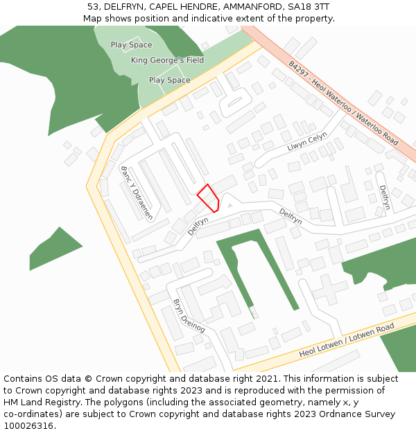 53, DELFRYN, CAPEL HENDRE, AMMANFORD, SA18 3TT: Location map and indicative extent of plot