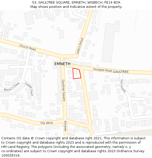 53, GAULTREE SQUARE, EMNETH, WISBECH, PE14 8DA: Location map and indicative extent of plot