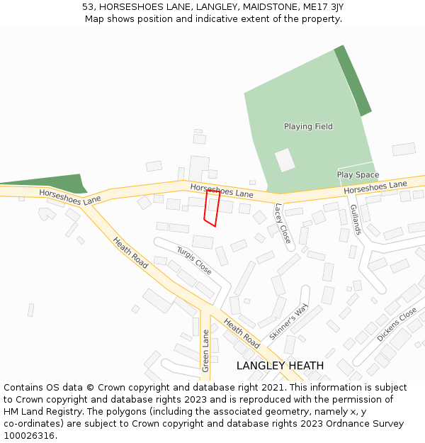 53, HORSESHOES LANE, LANGLEY, MAIDSTONE, ME17 3JY: Location map and indicative extent of plot