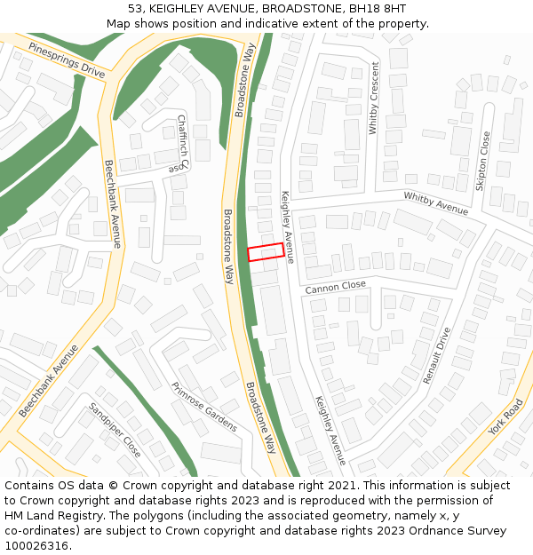 53, KEIGHLEY AVENUE, BROADSTONE, BH18 8HT: Location map and indicative extent of plot