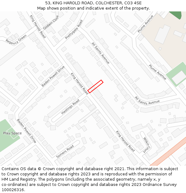 53, KING HAROLD ROAD, COLCHESTER, CO3 4SE: Location map and indicative extent of plot