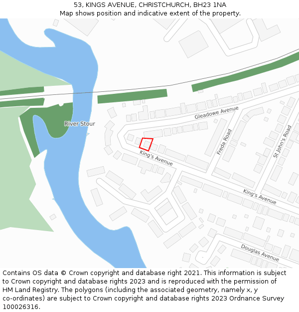 53, KINGS AVENUE, CHRISTCHURCH, BH23 1NA: Location map and indicative extent of plot