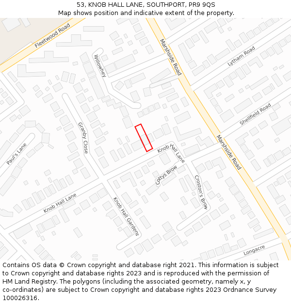 53, KNOB HALL LANE, SOUTHPORT, PR9 9QS: Location map and indicative extent of plot