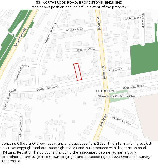 53, NORTHBROOK ROAD, BROADSTONE, BH18 8HD: Location map and indicative extent of plot