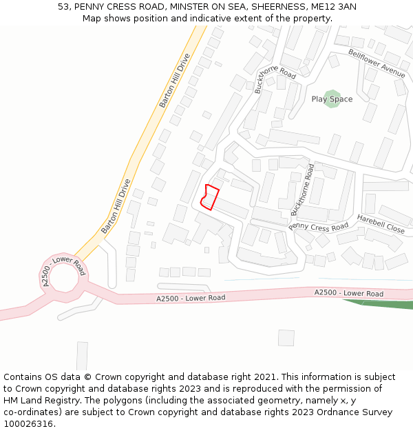 53, PENNY CRESS ROAD, MINSTER ON SEA, SHEERNESS, ME12 3AN: Location map and indicative extent of plot