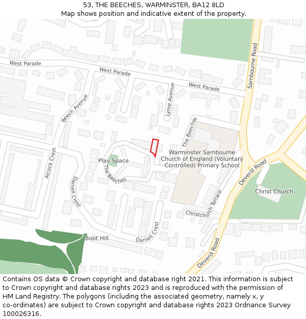 53, THE BEECHES, WARMINSTER, BA12 8LD: Location map and indicative extent of plot