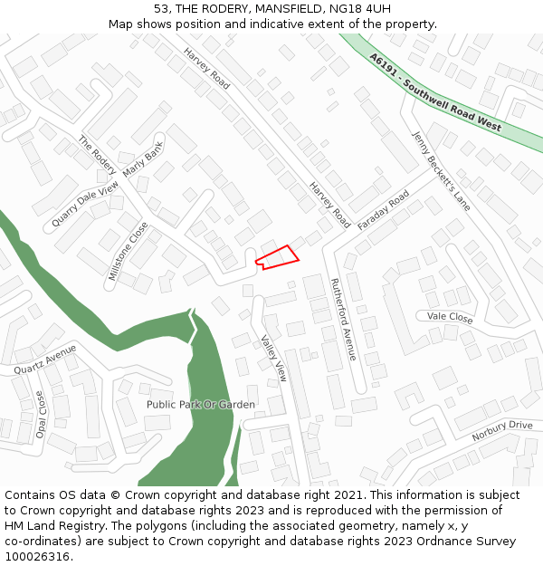 53, THE RODERY, MANSFIELD, NG18 4UH: Location map and indicative extent of plot