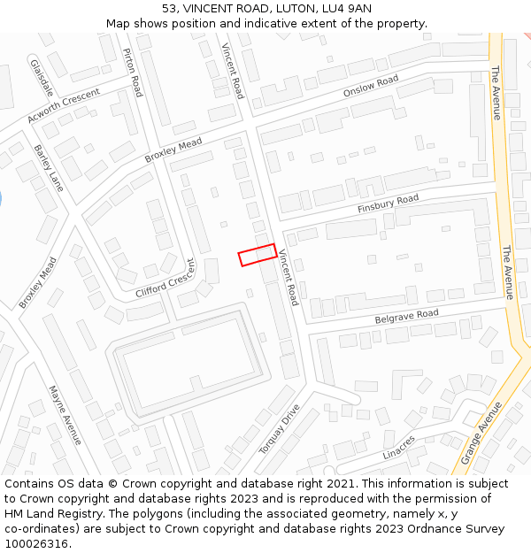 53, VINCENT ROAD, LUTON, LU4 9AN: Location map and indicative extent of plot