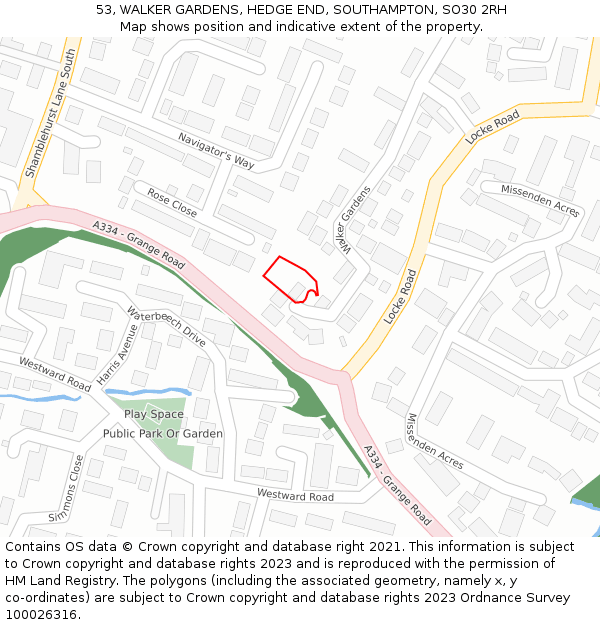 53, WALKER GARDENS, HEDGE END, SOUTHAMPTON, SO30 2RH: Location map and indicative extent of plot