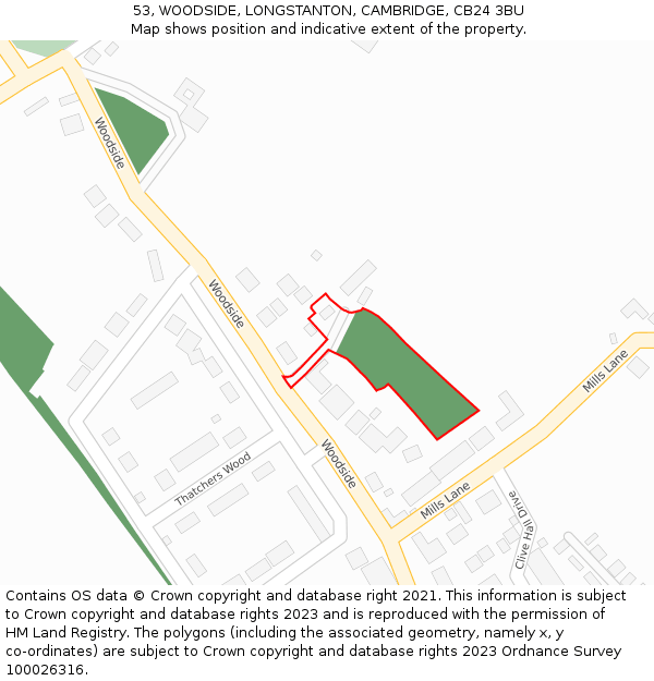 53, WOODSIDE, LONGSTANTON, CAMBRIDGE, CB24 3BU: Location map and indicative extent of plot