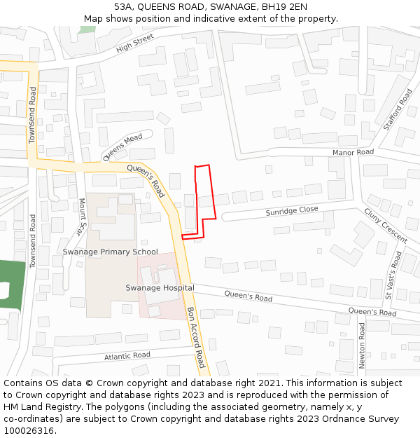 53A, QUEENS ROAD, SWANAGE, BH19 2EN: Location map and indicative extent of plot