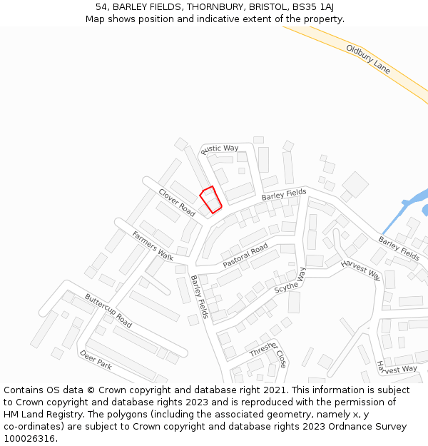 54, BARLEY FIELDS, THORNBURY, BRISTOL, BS35 1AJ: Location map and indicative extent of plot