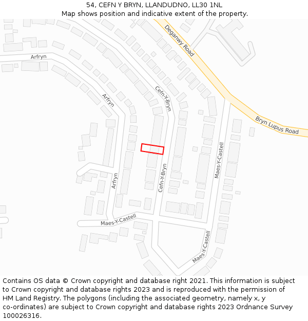 54, CEFN Y BRYN, LLANDUDNO, LL30 1NL: Location map and indicative extent of plot