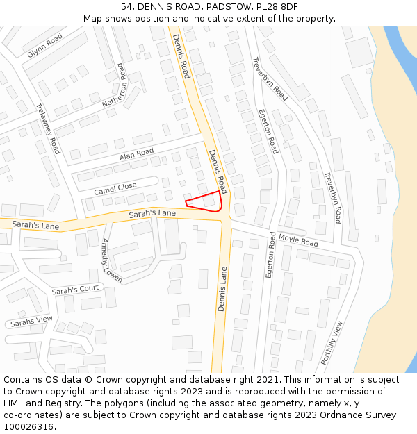 54, DENNIS ROAD, PADSTOW, PL28 8DF: Location map and indicative extent of plot