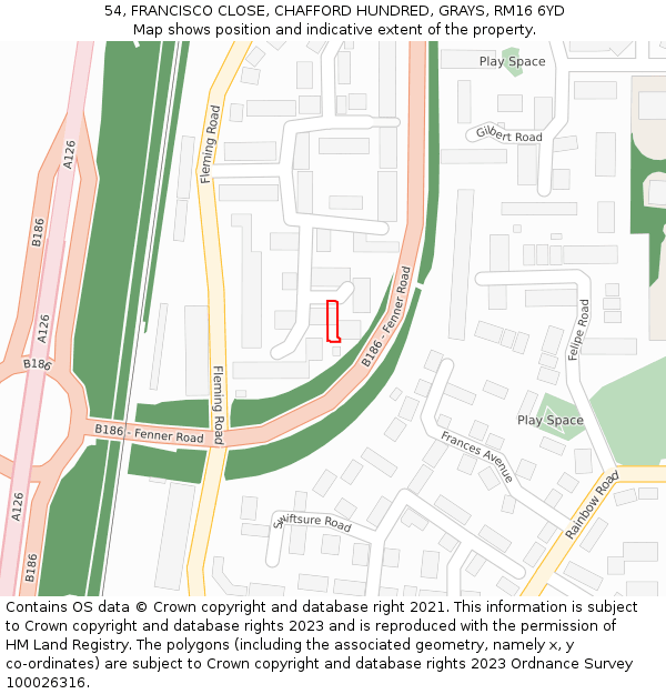 54, FRANCISCO CLOSE, CHAFFORD HUNDRED, GRAYS, RM16 6YD: Location map and indicative extent of plot