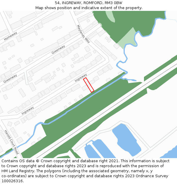 54, INGREWAY, ROMFORD, RM3 0BW: Location map and indicative extent of plot