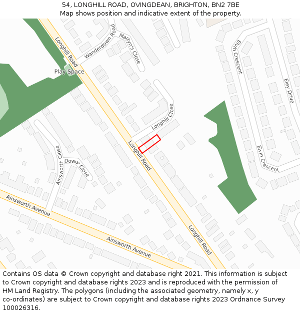 54, LONGHILL ROAD, OVINGDEAN, BRIGHTON, BN2 7BE: Location map and indicative extent of plot