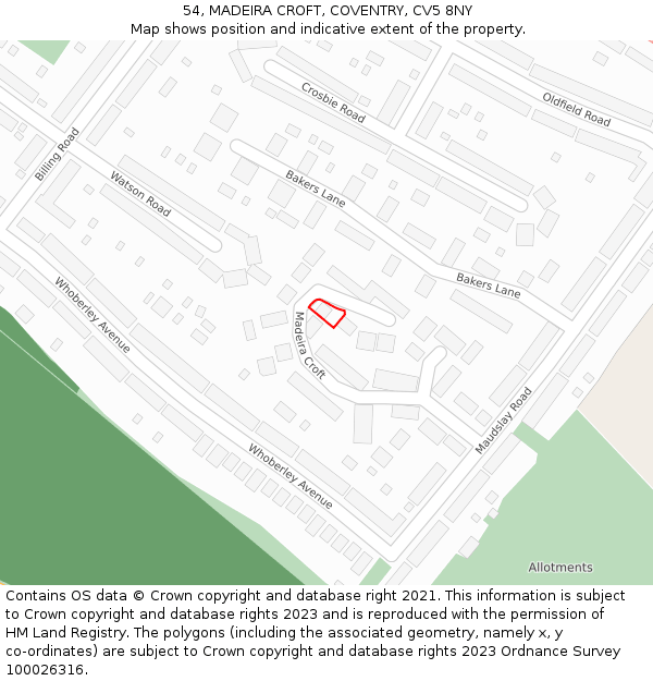 54, MADEIRA CROFT, COVENTRY, CV5 8NY: Location map and indicative extent of plot