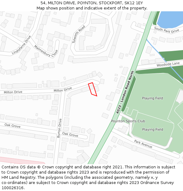 54, MILTON DRIVE, POYNTON, STOCKPORT, SK12 1EY: Location map and indicative extent of plot