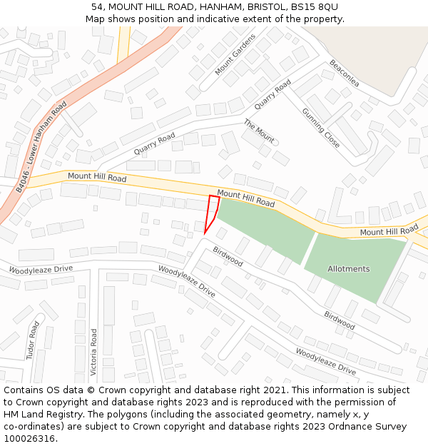 54, MOUNT HILL ROAD, HANHAM, BRISTOL, BS15 8QU: Location map and indicative extent of plot