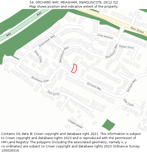 54, ORCHARD WAY, MEASHAM, SWADLINCOTE, DE12 7JZ: Location map and indicative extent of plot