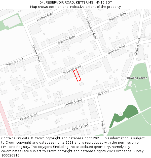 54, RESERVOIR ROAD, KETTERING, NN16 9QT: Location map and indicative extent of plot