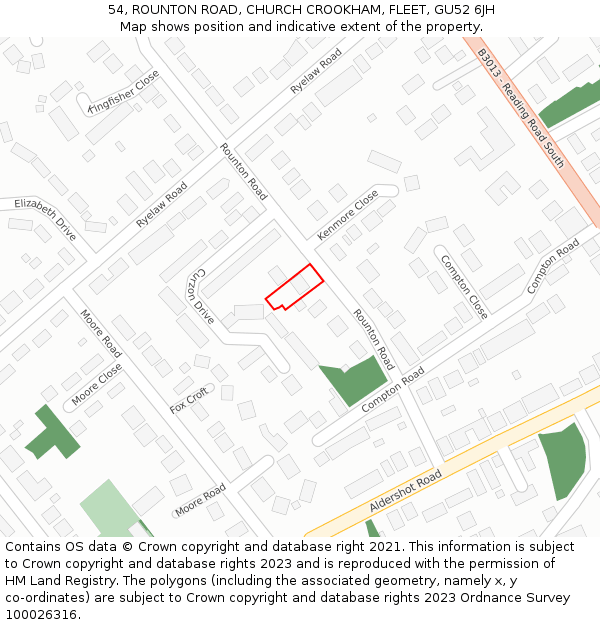 54, ROUNTON ROAD, CHURCH CROOKHAM, FLEET, GU52 6JH: Location map and indicative extent of plot