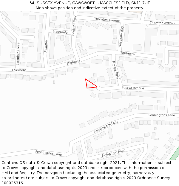 54, SUSSEX AVENUE, GAWSWORTH, MACCLESFIELD, SK11 7UT: Location map and indicative extent of plot