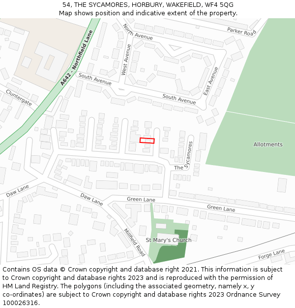 54, THE SYCAMORES, HORBURY, WAKEFIELD, WF4 5QG: Location map and indicative extent of plot