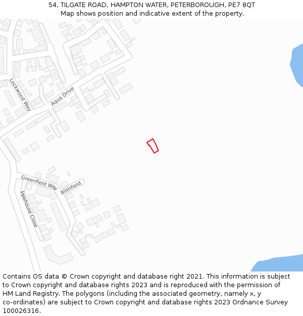 54, TILGATE ROAD, HAMPTON WATER, PETERBOROUGH, PE7 8QT: Location map and indicative extent of plot