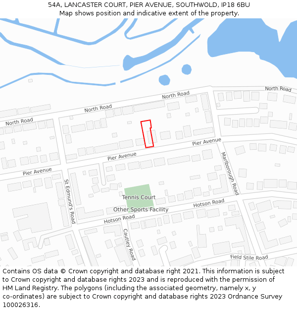 54A, LANCASTER COURT, PIER AVENUE, SOUTHWOLD, IP18 6BU: Location map and indicative extent of plot