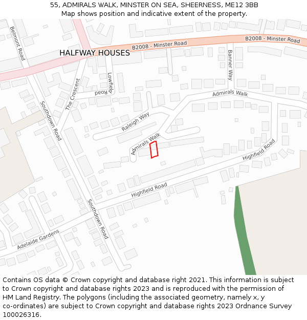 55, ADMIRALS WALK, MINSTER ON SEA, SHEERNESS, ME12 3BB: Location map and indicative extent of plot