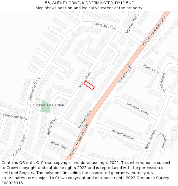 55, AUDLEY DRIVE, KIDDERMINSTER, DY11 5NE: Location map and indicative extent of plot