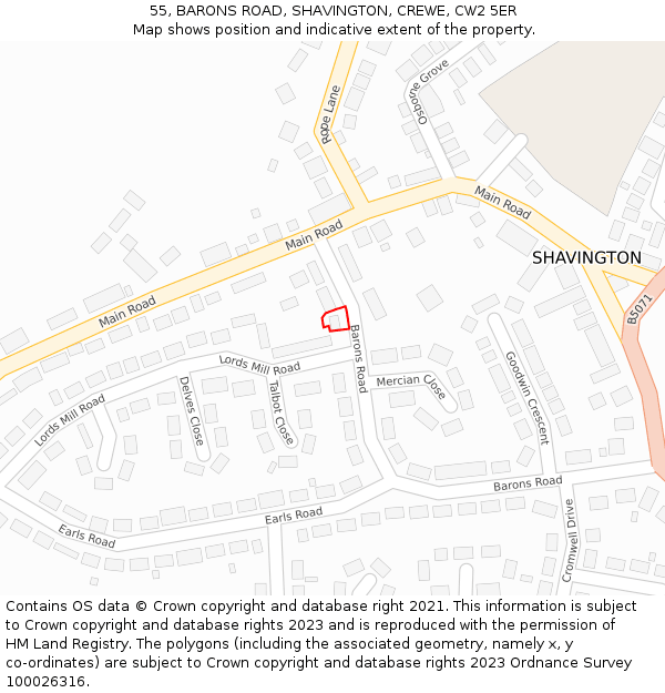 55, BARONS ROAD, SHAVINGTON, CREWE, CW2 5ER: Location map and indicative extent of plot