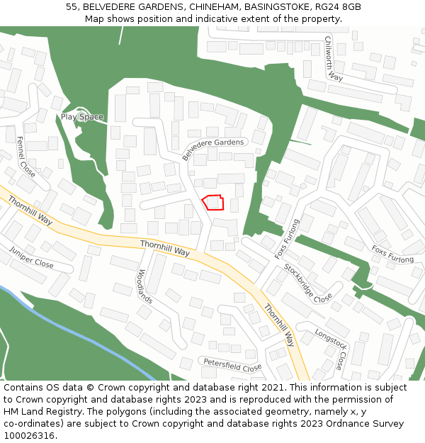 55, BELVEDERE GARDENS, CHINEHAM, BASINGSTOKE, RG24 8GB: Location map and indicative extent of plot