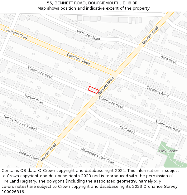 55, BENNETT ROAD, BOURNEMOUTH, BH8 8RH: Location map and indicative extent of plot