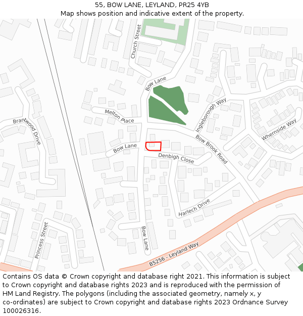 55, BOW LANE, LEYLAND, PR25 4YB: Location map and indicative extent of plot