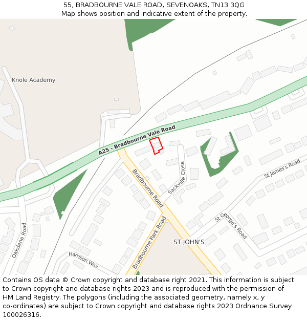 55, BRADBOURNE VALE ROAD, SEVENOAKS, TN13 3QG: Location map and indicative extent of plot