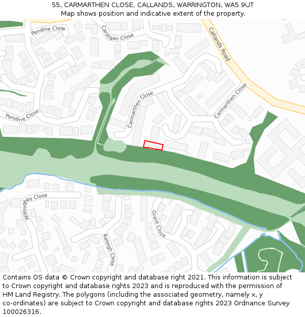 55, CARMARTHEN CLOSE, CALLANDS, WARRINGTON, WA5 9UT: Location map and indicative extent of plot