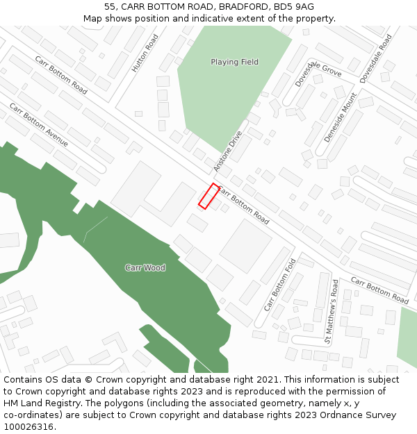 55, CARR BOTTOM ROAD, BRADFORD, BD5 9AG: Location map and indicative extent of plot