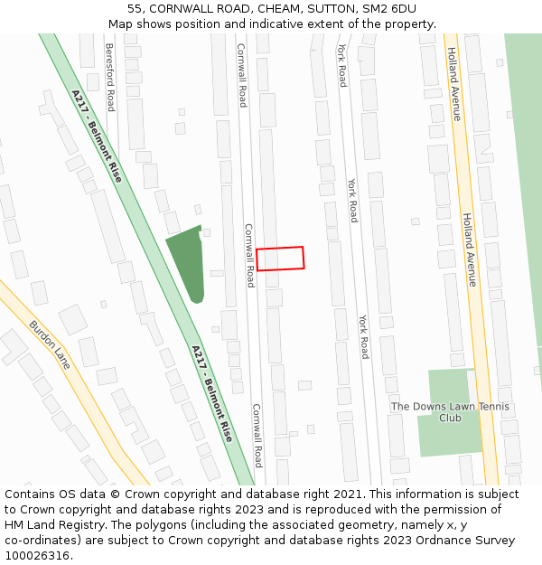 55, CORNWALL ROAD, CHEAM, SUTTON, SM2 6DU: Location map and indicative extent of plot