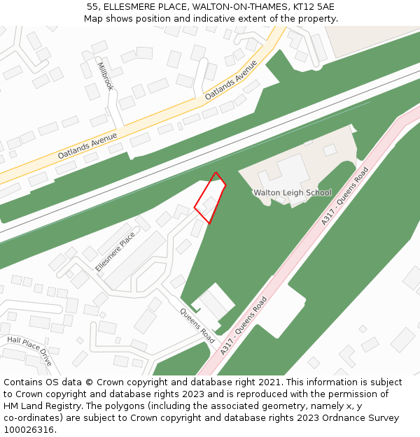 55, ELLESMERE PLACE, WALTON-ON-THAMES, KT12 5AE: Location map and indicative extent of plot