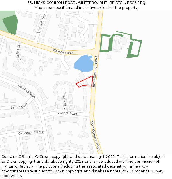 55, HICKS COMMON ROAD, WINTERBOURNE, BRISTOL, BS36 1EQ: Location map and indicative extent of plot