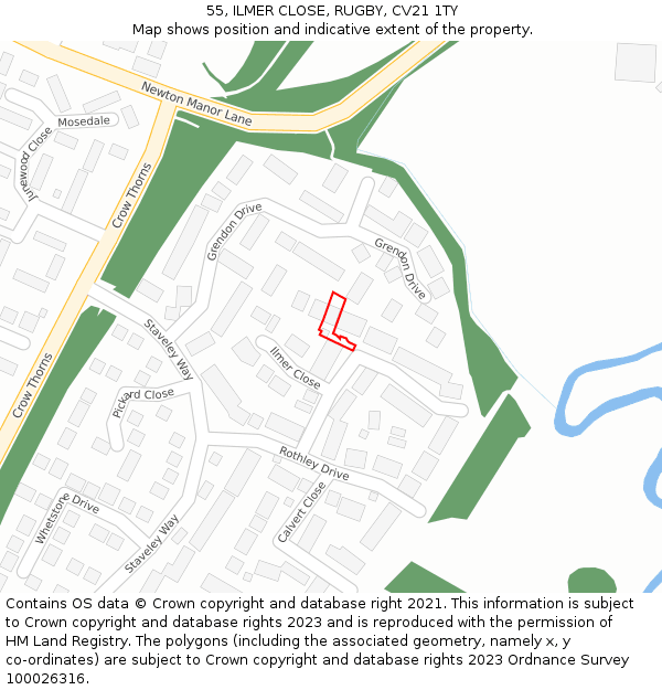 55, ILMER CLOSE, RUGBY, CV21 1TY: Location map and indicative extent of plot