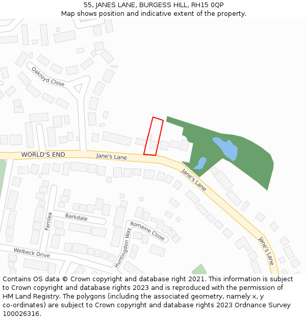 55, JANES LANE, BURGESS HILL, RH15 0QP: Location map and indicative extent of plot