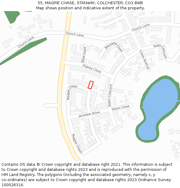 55, MAGPIE CHASE, STANWAY, COLCHESTER, CO3 8WB: Location map and indicative extent of plot