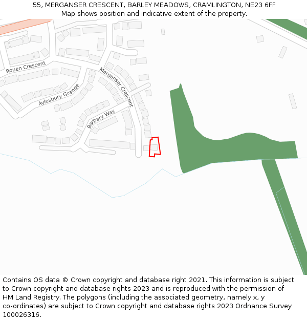 55, MERGANSER CRESCENT, BARLEY MEADOWS, CRAMLINGTON, NE23 6FF: Location map and indicative extent of plot